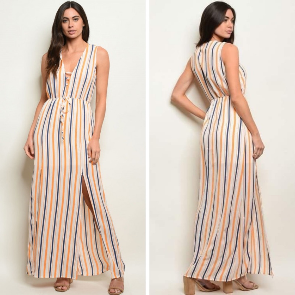 Sleeveless V-neck Striped Maxi Dress